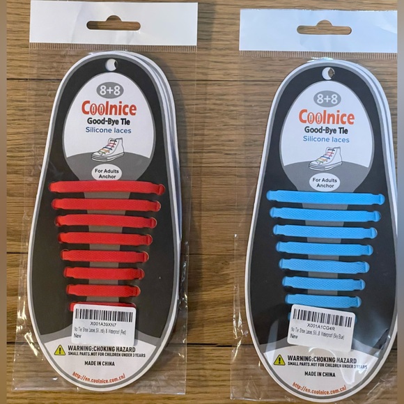 Set of 2 pairs COOLNICE Silicone No Tie Shoelaces for Adults / Red and Blue - Picture 4 of 6